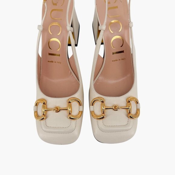 Gucci Baby Horsebit White Leather Slingback Pumps Block Heels Size 37.5 US 7.5 - Picture 4 of 15